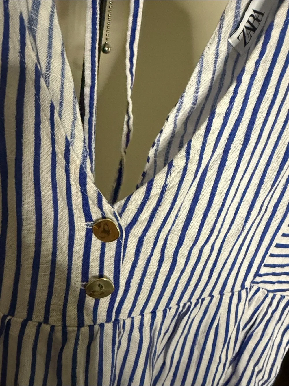 Zara Blue and White Striped V-Neck Tiered Mini Dress